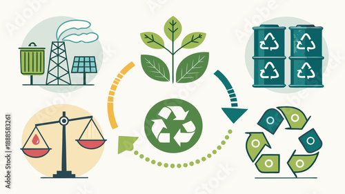 Icons representing stability and backup processes in a continuous cycle of sustainability and recycling