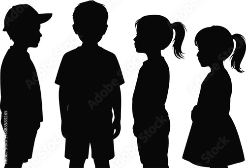 Four young children silhouettes standing together on a plain white background facing different directions