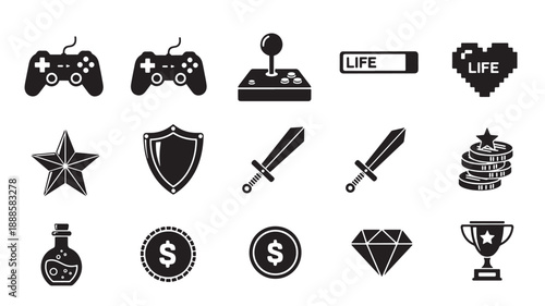 Gaming icons set in minimalist black style on white background for game development