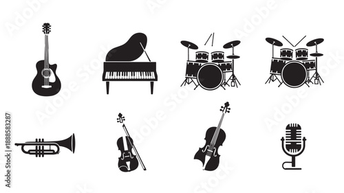 Musical Instruments Silhouettes in Minimalist Black and White Illustration for Music Industry