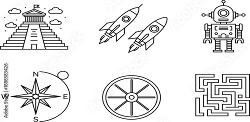 Discovery line icon set featuring ancient pyramid temple, space rockets, robot technology, compass navigation, wooden ship wheel, and mystery labyrinth maze.