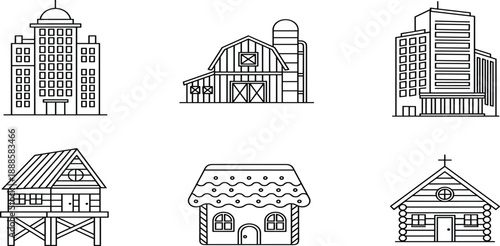 Set of architecture line icons featuring city skyscraper, farm barn, modern office building, beach stilt house, cottage, and residential home.