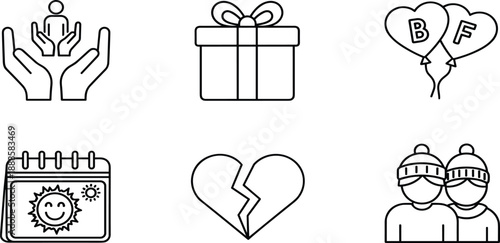Charity and relationship line icons featuring caring hands, gift box, friendship balloons, event calendar, broken heart, and twin best friends.