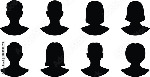 Generic user profile silhouettes featuring various male and female head shapes on a plain white background