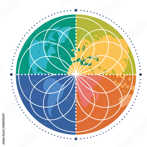A colorful vector graphic of a globe divided into four sections