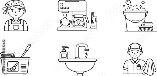 Set of professional cleaning service line icons featuring domestic maid, kitchen sanitation, laundry supplies, bathroom hygiene, housekeeping equipment, and janitorial staff.