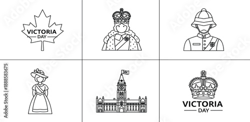 Victoria Day Canadian holiday icon set featuring Queen Victoria, royal crown, maple leaf, parliament building, and British colonial style line illustrations.