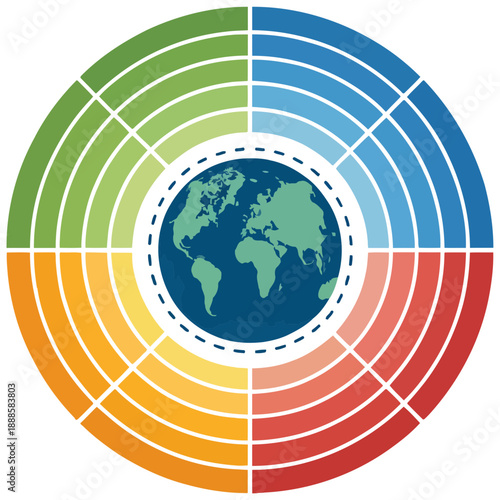 A colorful vector graphic illustration of the Earth with a multicolored circular design