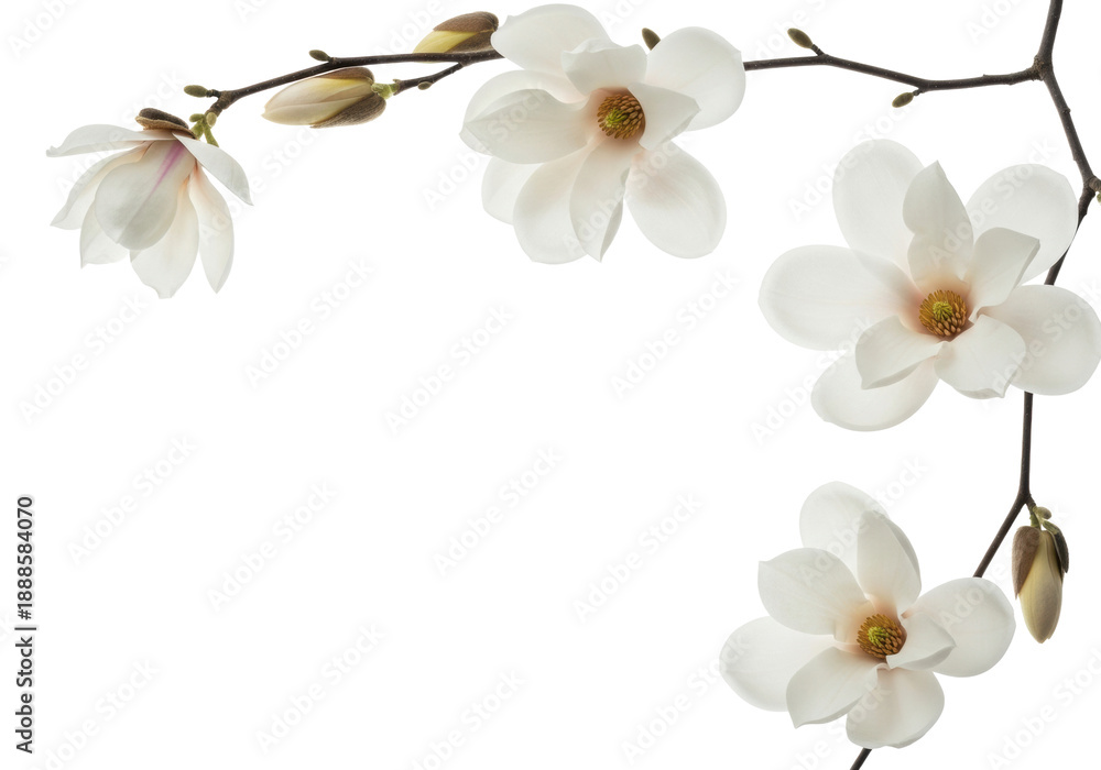 Obraz premium delicate white magnolia blossoms and buds on dark arching branches, showing yellow stamens, photographed in a high-key macro style against a transparent background, celebrating the gentle beauty of