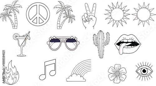 Stylized summer icon vector set with palm trees, peace signs, cocktails, music, expressive art, and playful symbols