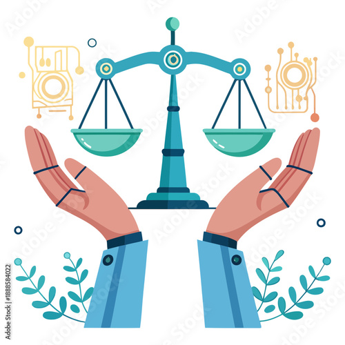 A vector graphic illustration of hands holding a scale with a law symbol