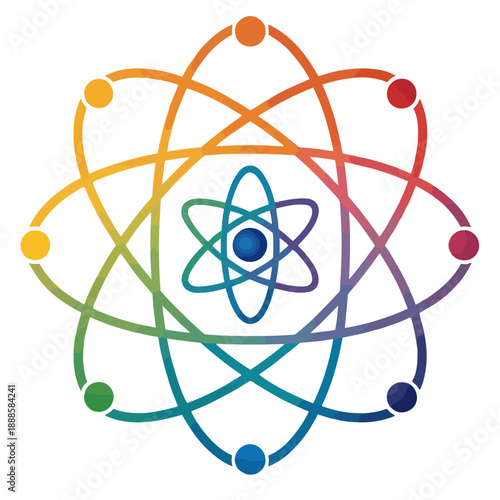 A colorful vector graphic illustration of an atom symbol with rainbow lines
