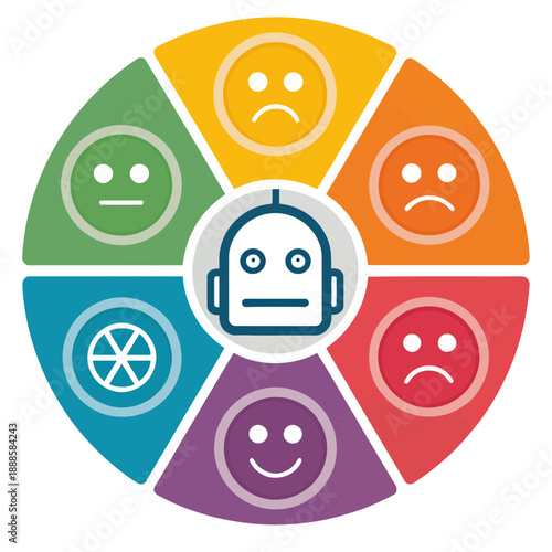 A colorful vector graphic of a robot surrounded by various emotions
