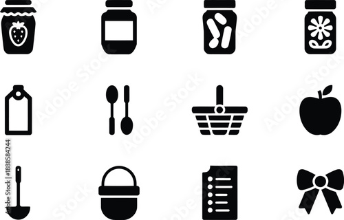 Many black silhouette icons depicting kitchen essentials, food jars, shopping items, and a red apple