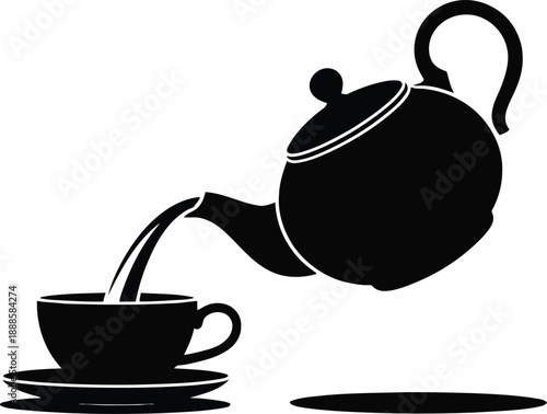 Minimalist black silhouette of a teapot gracefully pouring a drink into an empty teacup with saucer