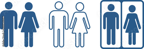 Variations of blue male and female person icons for identifying restrooms and facilities