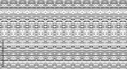   
Symmetrical abstract pattern with stylized black shapes, rhythmic horizontal rows for textile, wallpaper, and graphic design use