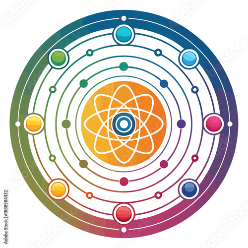 A vibrant vector graphic illustration of an atomic structure with colorful concentric circles