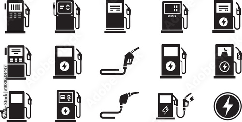 Black and white gas pump icons with electric fuel stations