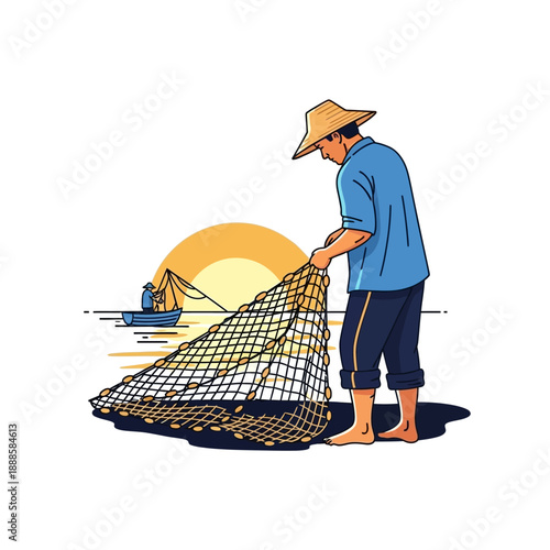 Traditional Fisherman Pulling Net During Sunset Vector Illustration
