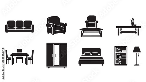 Furniture icons in simple flat design with black color on white background for interior design