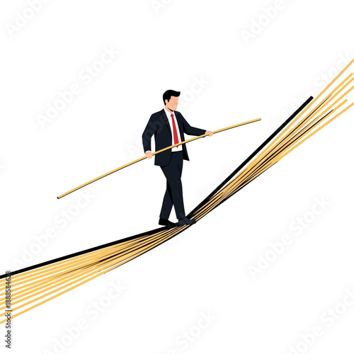 Businessman Balancing on Tightrope Symbolizing Business Risk and Challenge
