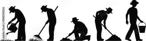 Multiple black silhouettes show men involved in different stages of garden work on white