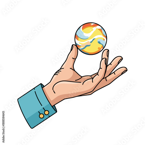 Cartoon Hand Holding a Colorful Marbled Bouncy Ball Vector