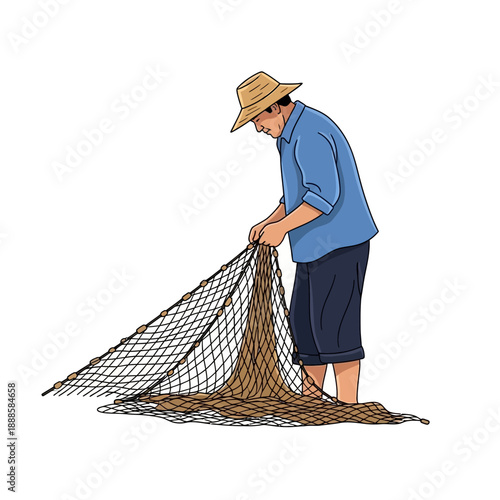 Traditional Fisherman Pulling Net During Sunset Vector Illustration
