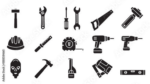 Set of black construction tools icons in modern flat design on white background for industrial use