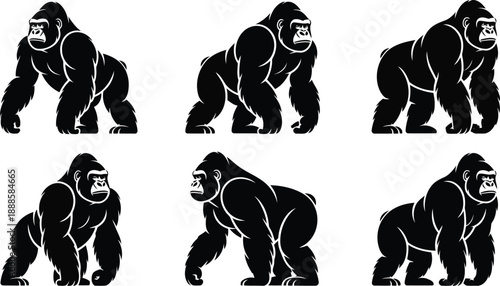 Multiple black gorilla silhouettes portraying different powerful stances and movements on a clean white surface