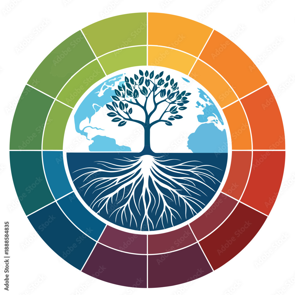 Fototapeta premium A colorful vector graphic illustrating a tree with roots and leaves in a circular design