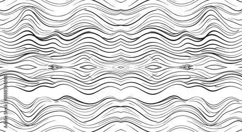 Symmetrical wavy line pattern with fluid contours, abstract texture, eye-like shapes, dynamic motion, topographic visual design