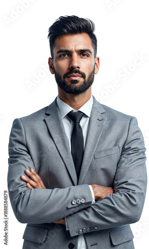 A bold male entrepreneur in a silver-grey suit, surrounded by rising data projections, symbolizing his leadership in leveraging market insights