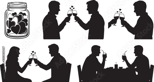 A black vector illustration featuring silhouettes of a business couple and family people dancing in a youth shadow of love