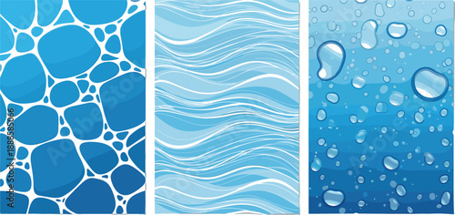 Three artistic water illustrations with abstract droplets, stylized waves, condensation effect, fluid motion, textured blue backgrounds