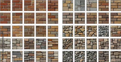 Seamless brick and stone wall patterns, paving material swatches for 3D rendering and exterior design.