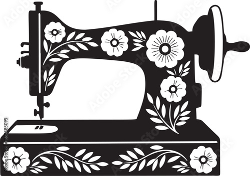 Silhouette vintage ornate sewing machine with floral design. old fashioned sewing machine decorated with flowers and leaves