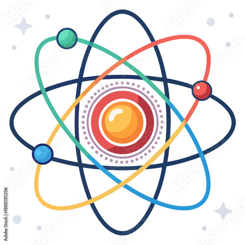 A colorful vector graphic illustration of an atom with orbiting electrons