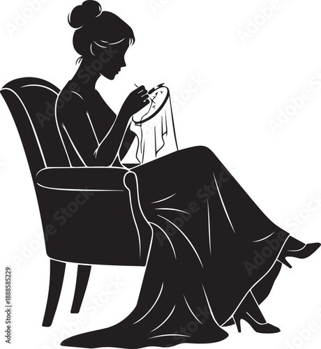 Woman embroidering on hoop sitting in armchair silhouette vector art