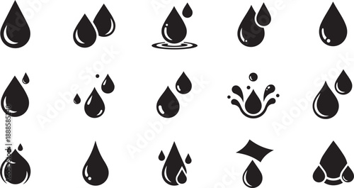 Collection of black water droplet icons in various styles on white background