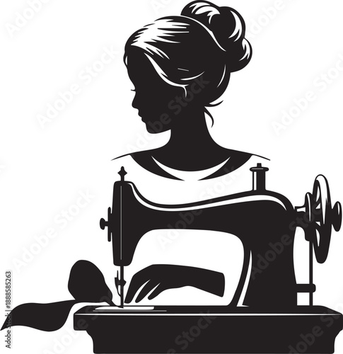 Sewing woman silhouette using vintage machine profile of dressmaker lady working on fabric for fashion design and craft projects