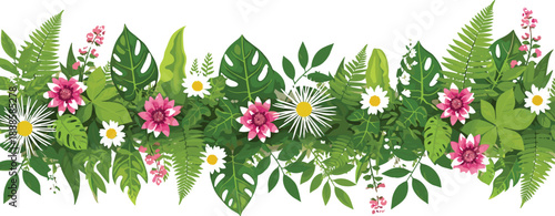 Tropical floral border vector with lush green leaves, pink and white flowers, decorative nature design for vibrant compositions