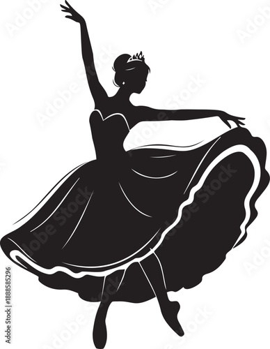 Ballerina dancer silhouette in elegant dress performing classical ballet pose with crown accessory for artistic stage performance