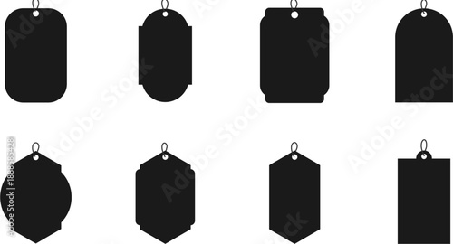 Set of eight light gray, almost white, price tags and labels with hanging holes, clean design elements for marketing.