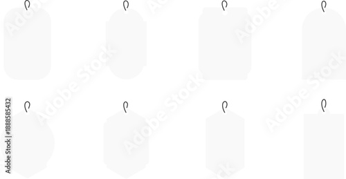 Collection of eight dark olive green price tags and labels with hanging holes, versatile shapes for commercial use.