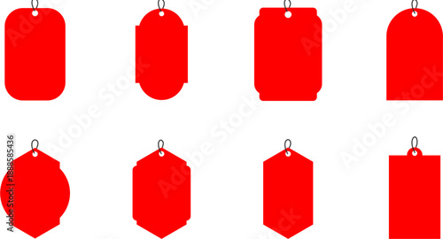 Set of eight diverse red price tags and labels with hanging holes, isolated on a white background, perfect for retail and marketing.