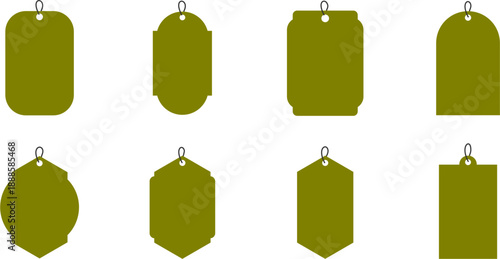 Eight assorted black price tags and labels, vector shapes with hanging holes for retail and design projects.