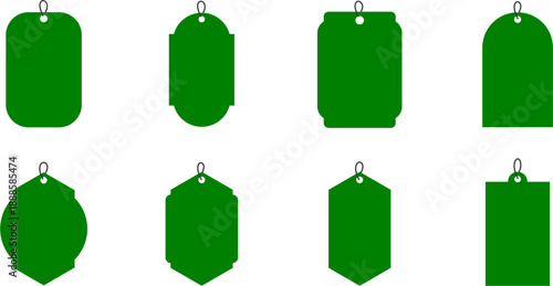 Eight bright yellow price tags and labels with hanging holes, isolated on white, cheerful design elements for sales.