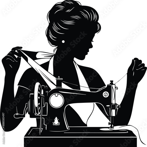 Vintage woman silhouette using antique sewing machine for tailor shop branding and creative fashion designer workshop illustrations